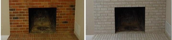 before and after; a fireplace painted with Brick-Anew