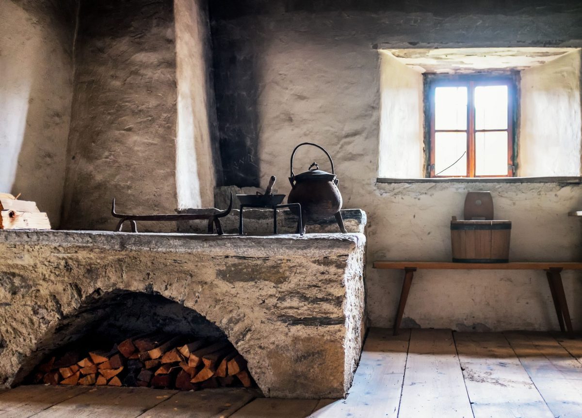 vintage fireplace in a kitchen