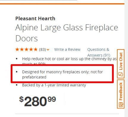 screen shot of a Home Depot door stating that it is for masonry fireplaces only