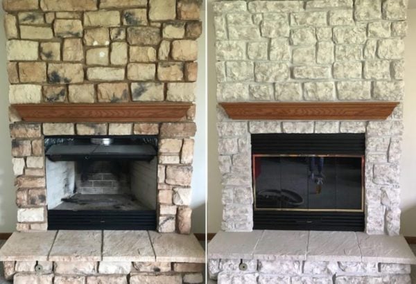 Stone Fireplace painted with Brick Anew Misty Harbor Before and After