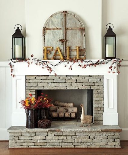 fireplace hearth with mismatched decor