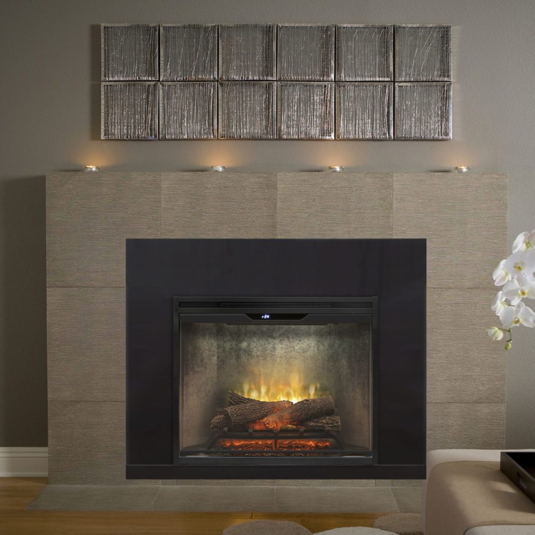 Revillusion 30" firebox in weathered concrete with oak logs installed with trim in a mantel
