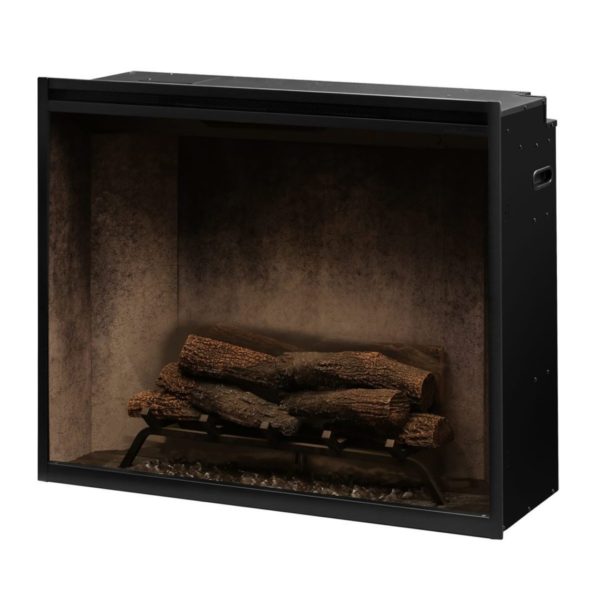 Revillusion 36 inch Portrait firebox in weathered concrete with oak logs off (no light or flame)