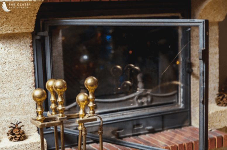 fireplace door with scratched glass