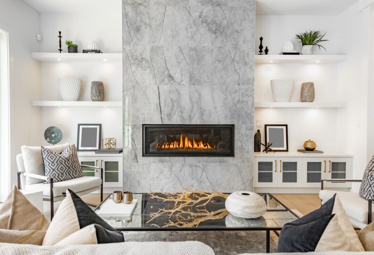 Grey Marble fireplace in modern room