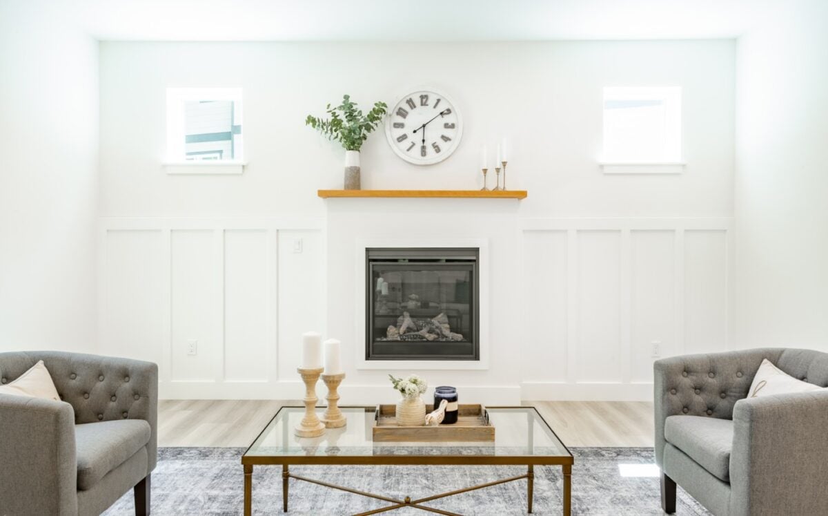 White painted minimalist fireplace