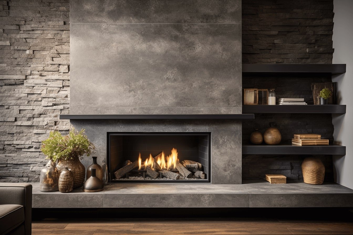 modern stone veneer fireplace